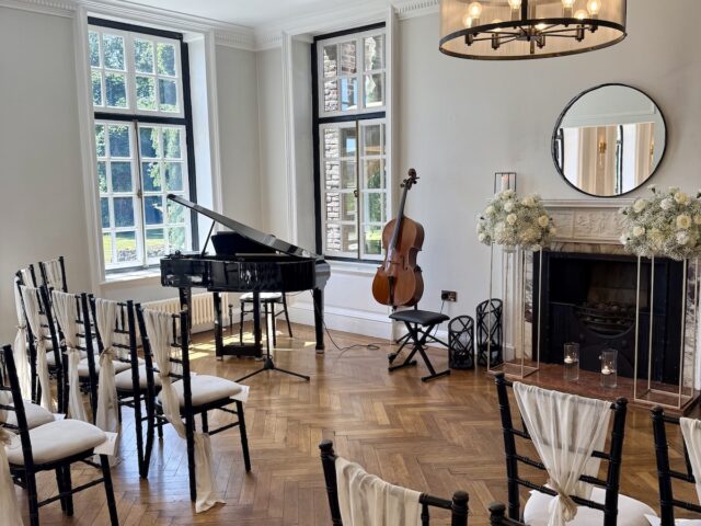 Piano and Cello at Sant Ffraed House with daytime wedding music by JAM Duo