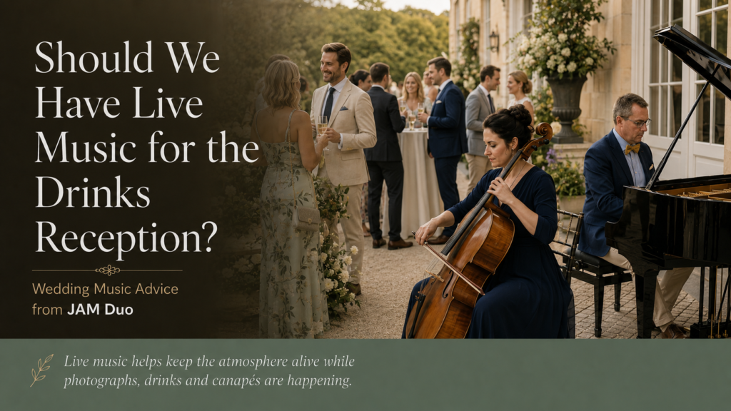 JAM Duo performing live cello and piano music during an elegant wedding drinks reception