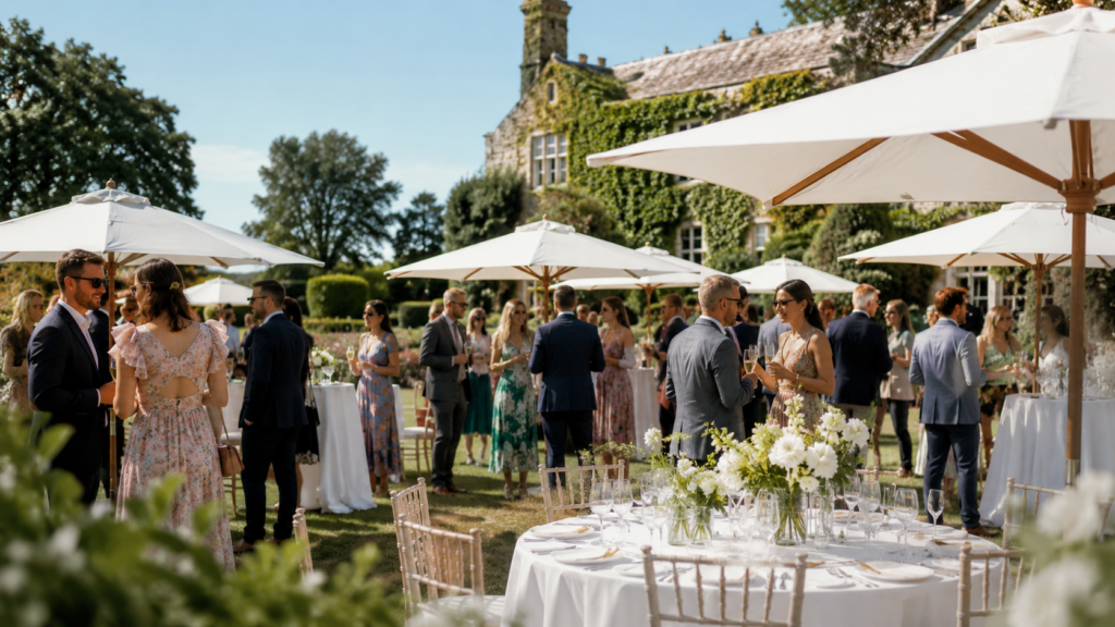 Outdoor summer wedding reception with guests mingling under parasols at a country house venue in hot weather.