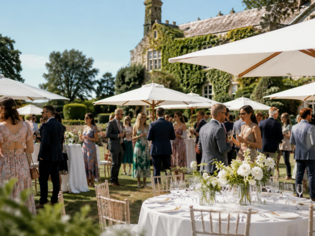 Outdoor summer wedding reception with guests mingling under parasols at a country house venue in hot weather.