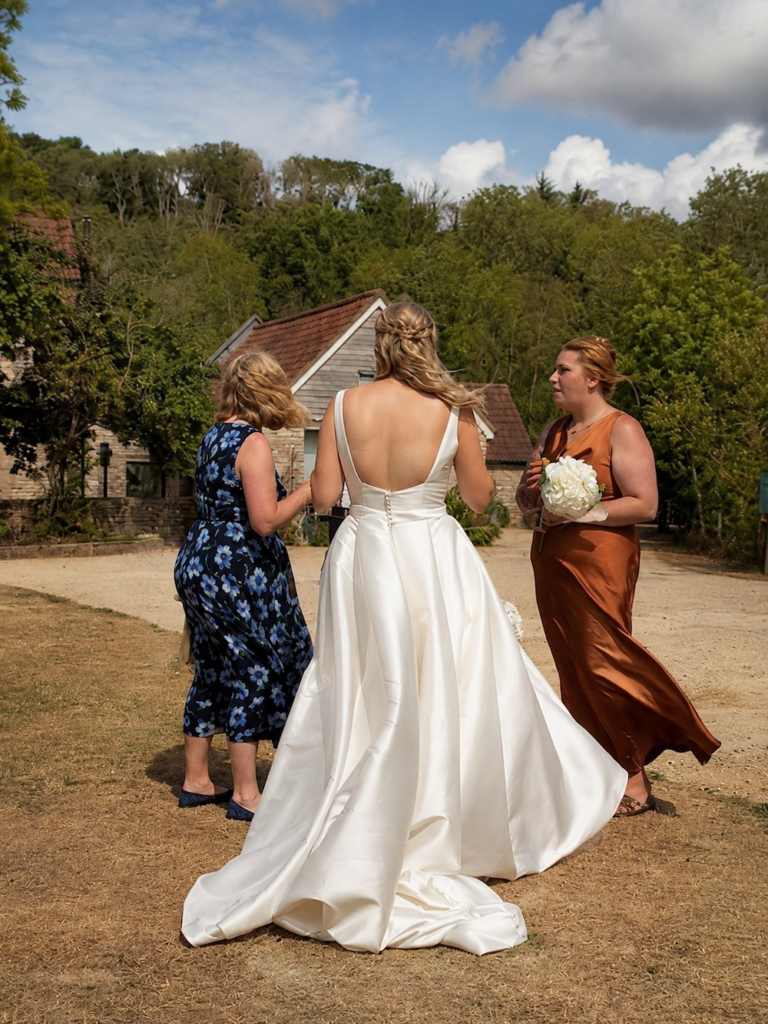 Bride during drinks reception at Folly Farm Centre near Bath