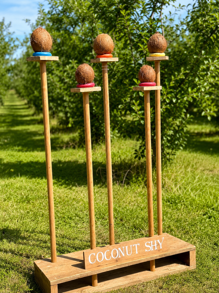 Coconut shy garden game set up for a summer wedding in Herefordshire