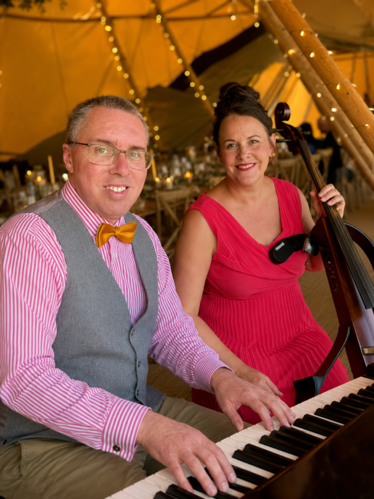 JAM Duo playing live cello and piano for an outdoor wedding at The Orchard at Munsley