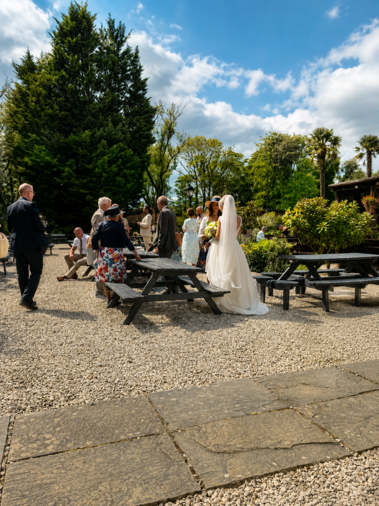 Bride during drinks reception at Bowburn Hall Hotel in Durham