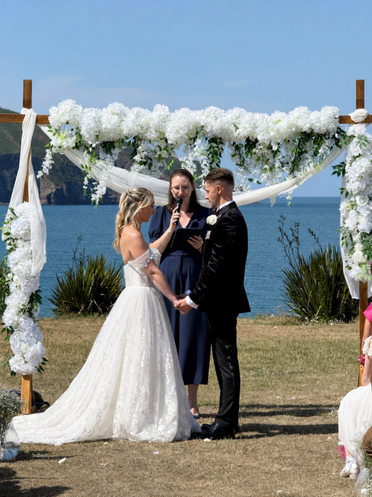 Bride and Groom during ceremony at the Cliff Hotel, Cardigan in Wales