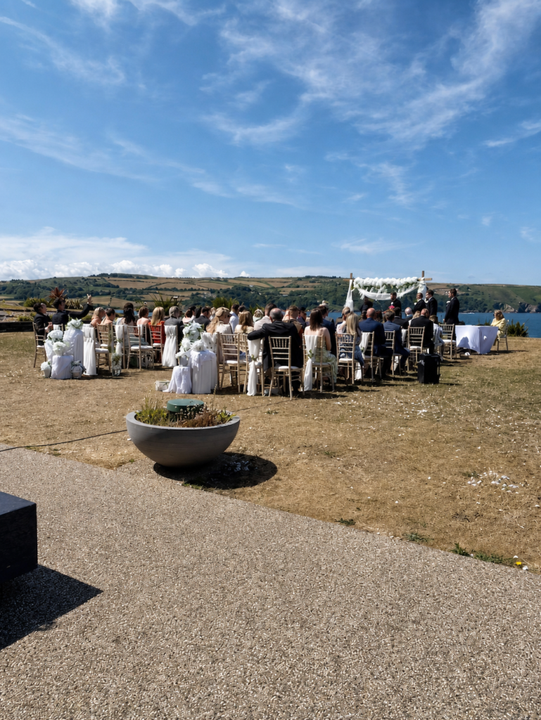 Guests for an outdoor ceremony at the Cliff Hotel, Cardigan in Wales