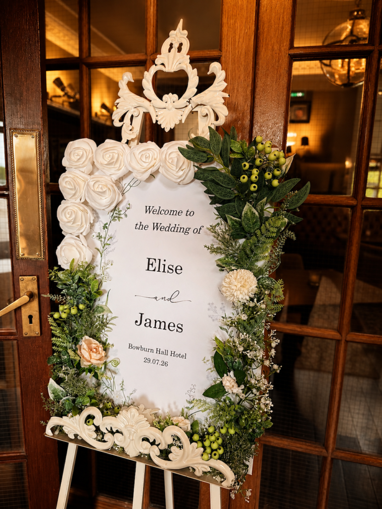 Welcome sign for Elise and James at Bowburn Hall Hotel in Durham