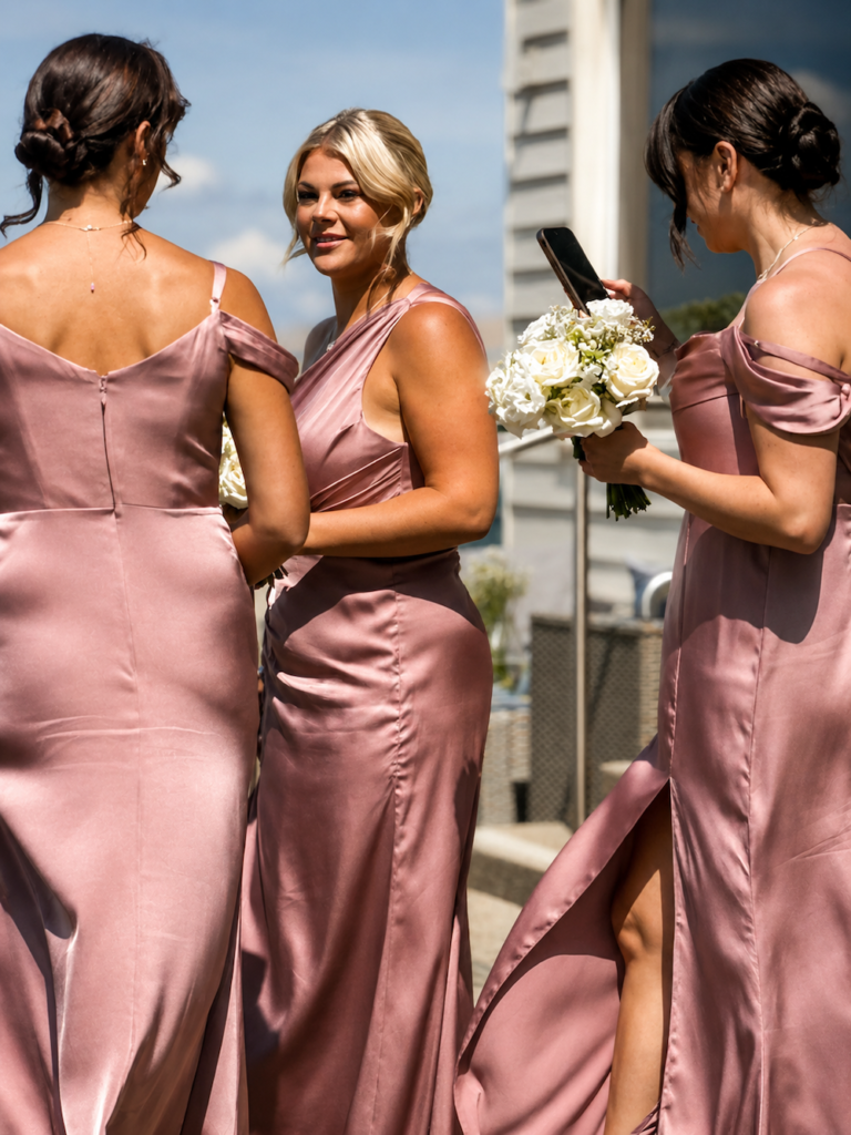 Bridesmaids in pink satin