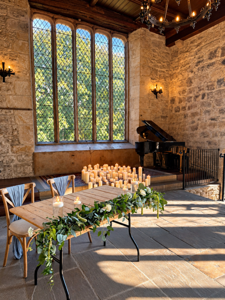 Grand Piano on stage with candles at The Priests House in Skipton North Yorkshire