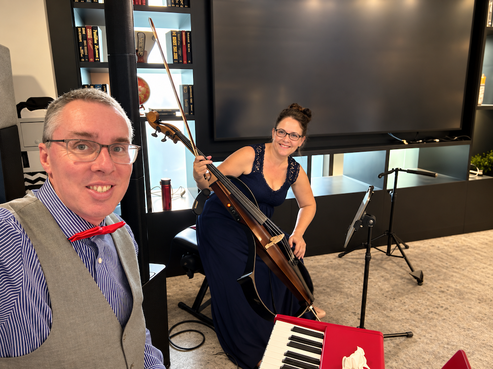 JAM Duo with Nord piano and Yamaha electric cello at Village Hotel in Portsmouth Hampshire