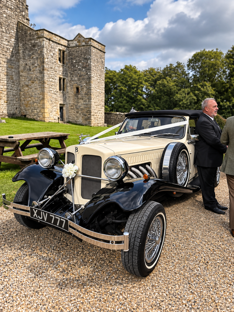 Vintage Car at the Priests House Skipton with Daytime Wedding Music by JAM Duo Cello and Piano Duo