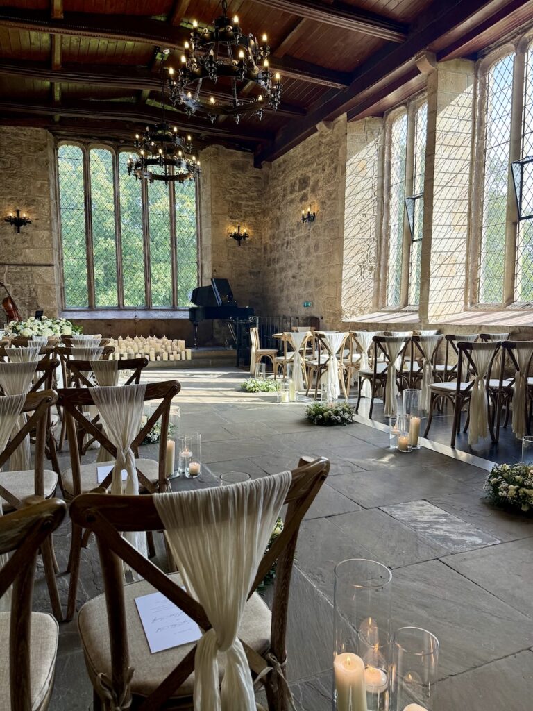 Ceremony Space at the Priests House Skipton with Daytime Wedding Music by JAM Duo Cello and Piano Duo