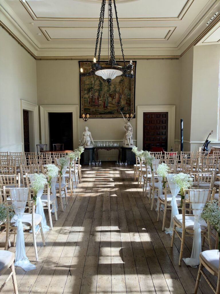 Wedding setup aisle at Elmore Court with Cello and Piano