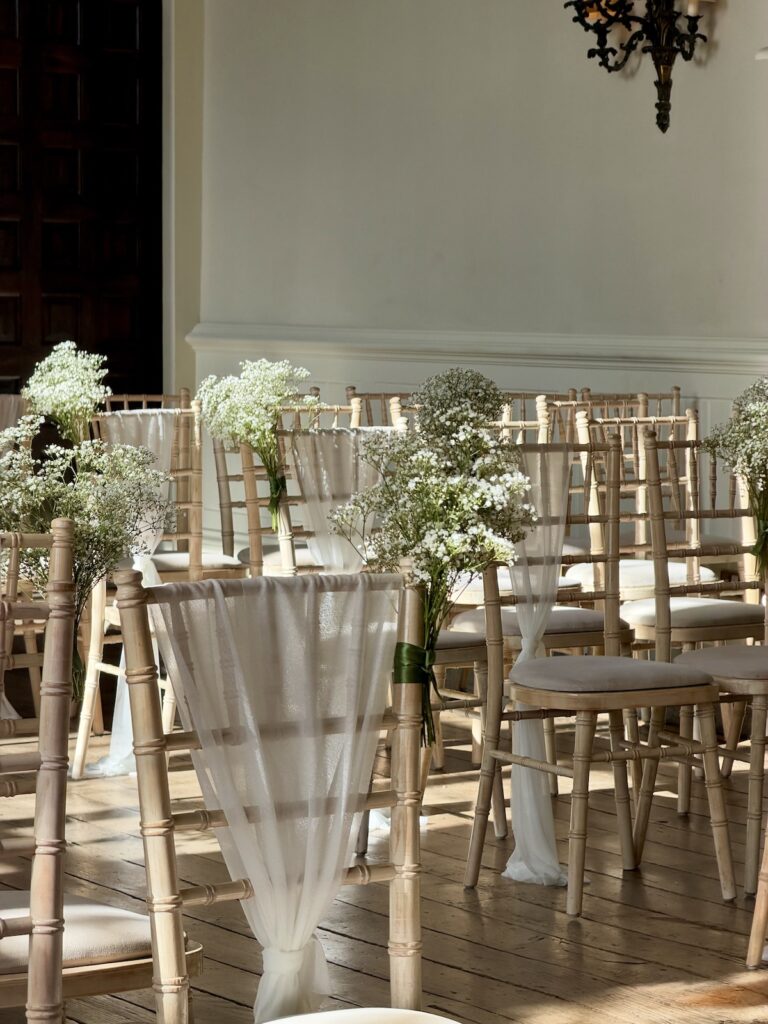 Chairs and floral decoration at Elmore Court