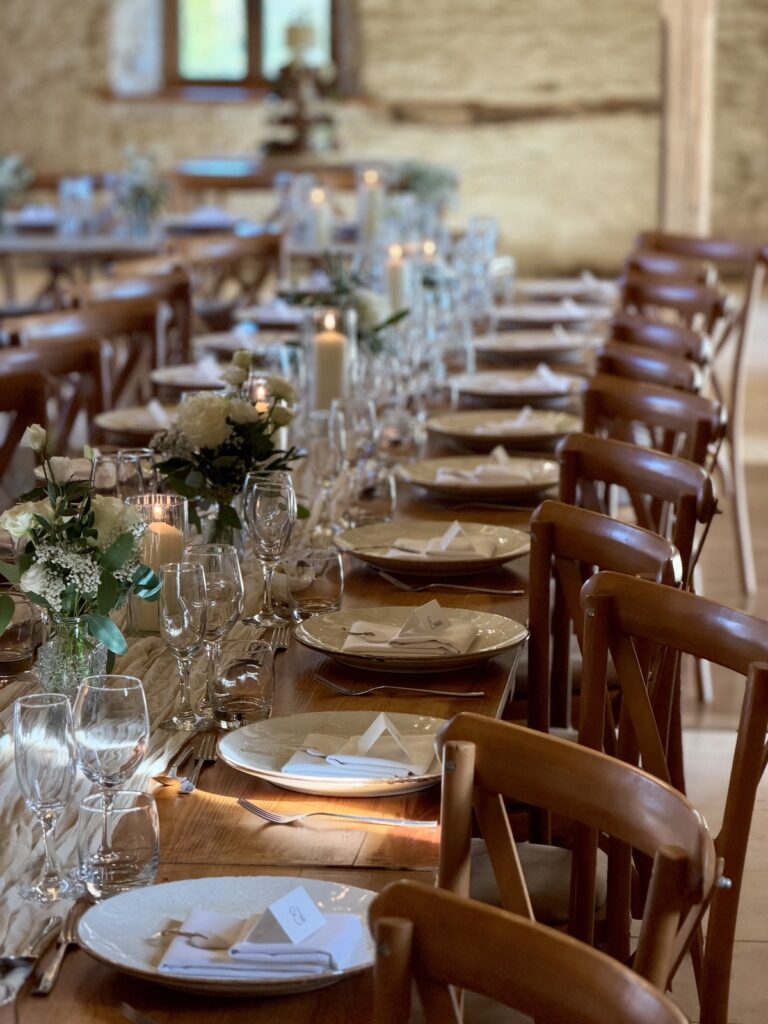 Wedding Meal photography and music. at Kingscote barn in The Cotswolds
