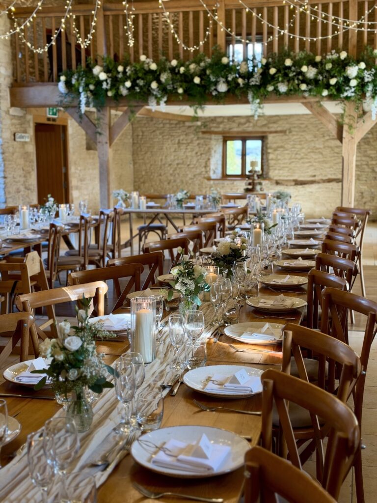 Wedding meal setup at Kingscote barn in The Cotswolds