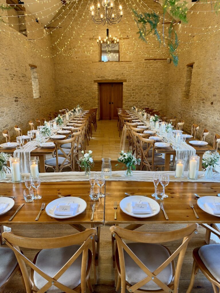 Wedding Breakfast at Kingscote barn in The Cotswolds