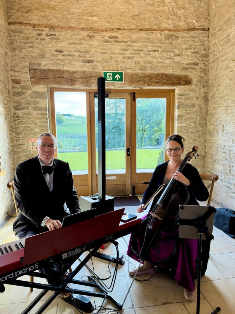 JAM Duo Wedding Musicians Cello and Piano at Kingscote Barn in Gloucestershire and The Cotswolds